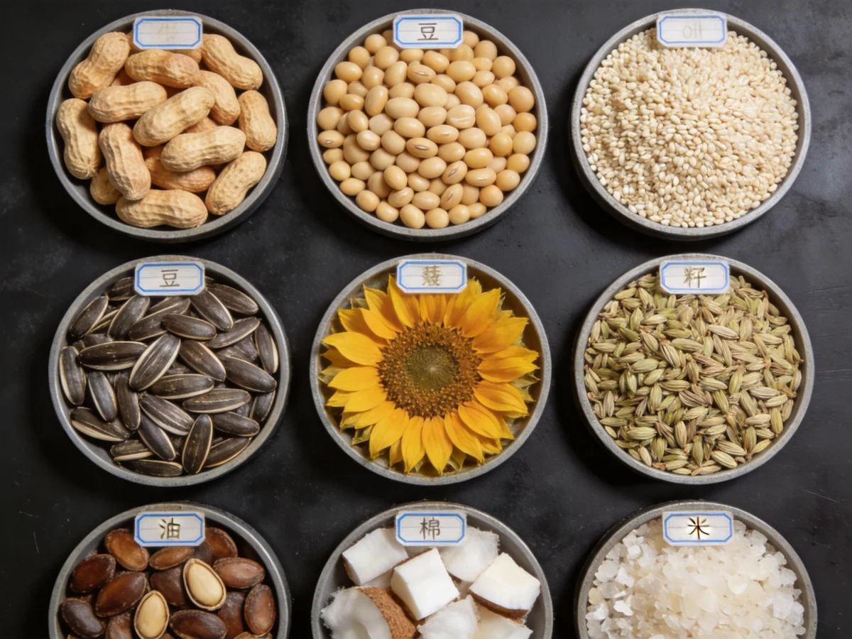 Flat-lay top-down photograph of 9 different oil seeds arranged in separate circular dishes