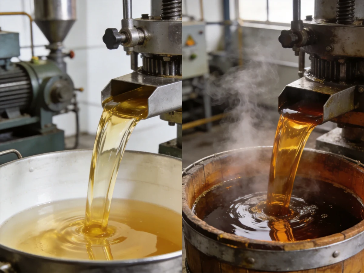 Split-frame comparison of cold press oil extraction (golden, clear oil flowing from a pres