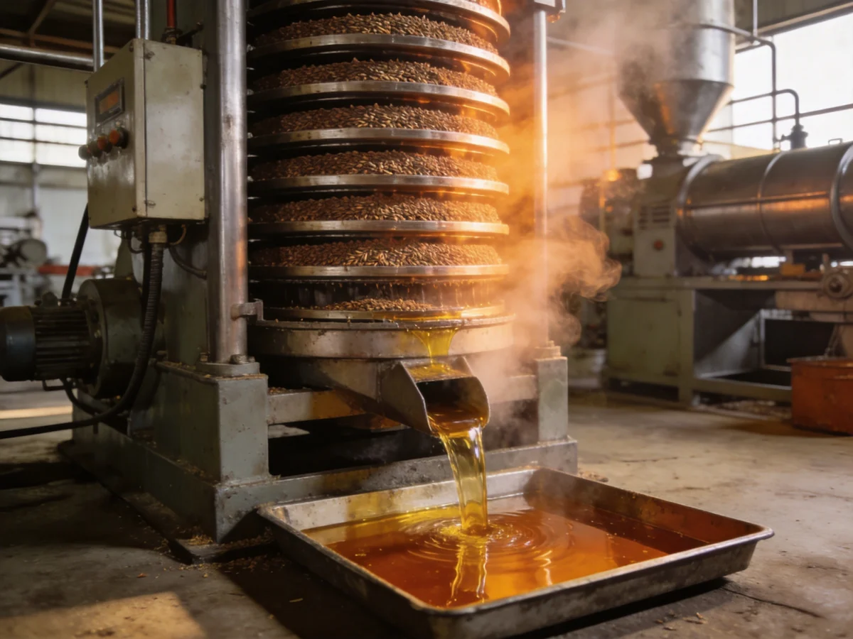 Industrial hot press operation showing seed conditioning cooker stack and oil flowing from