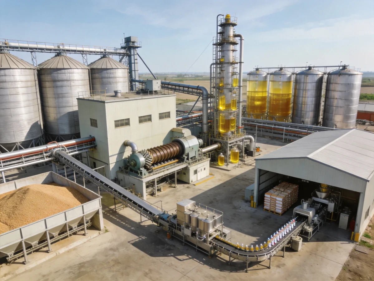 Aerial view of complete industrial edible oil production facility showing seed intake, pro