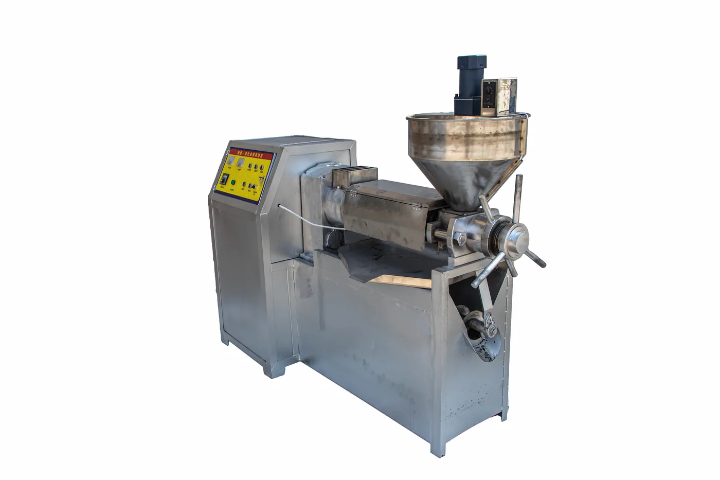 Integrated Bar-Cage Oil Press — Drive side — motor & belt