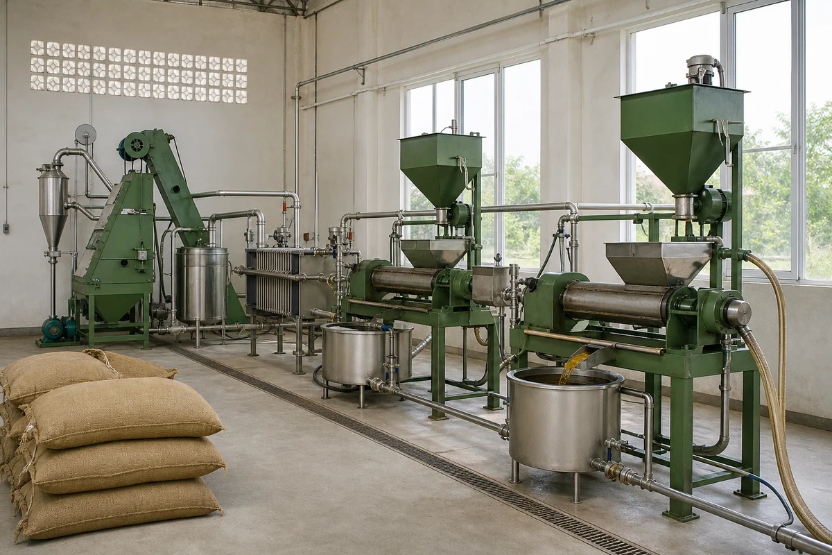 AI visualization of a representative compact 5 TPD mustard oil processing configuration